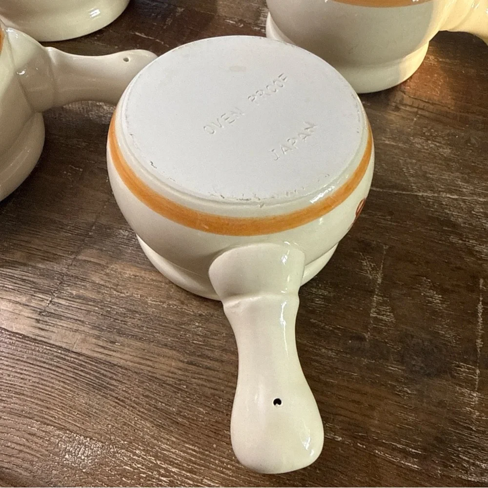 Cream Ceramic Handled Soup Bowls with Orange Trim and Mushroom Design - Set of 4